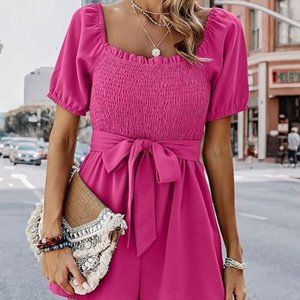CCTOO Women's Pink Rompers Smocked High Waist Ruffle Sleeves Jumpsuit Medium